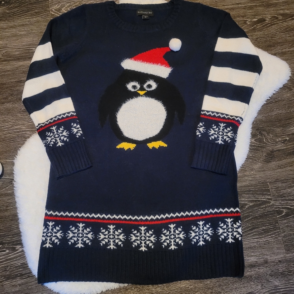 Festive Penguin Navy Sweater Dress Sz M